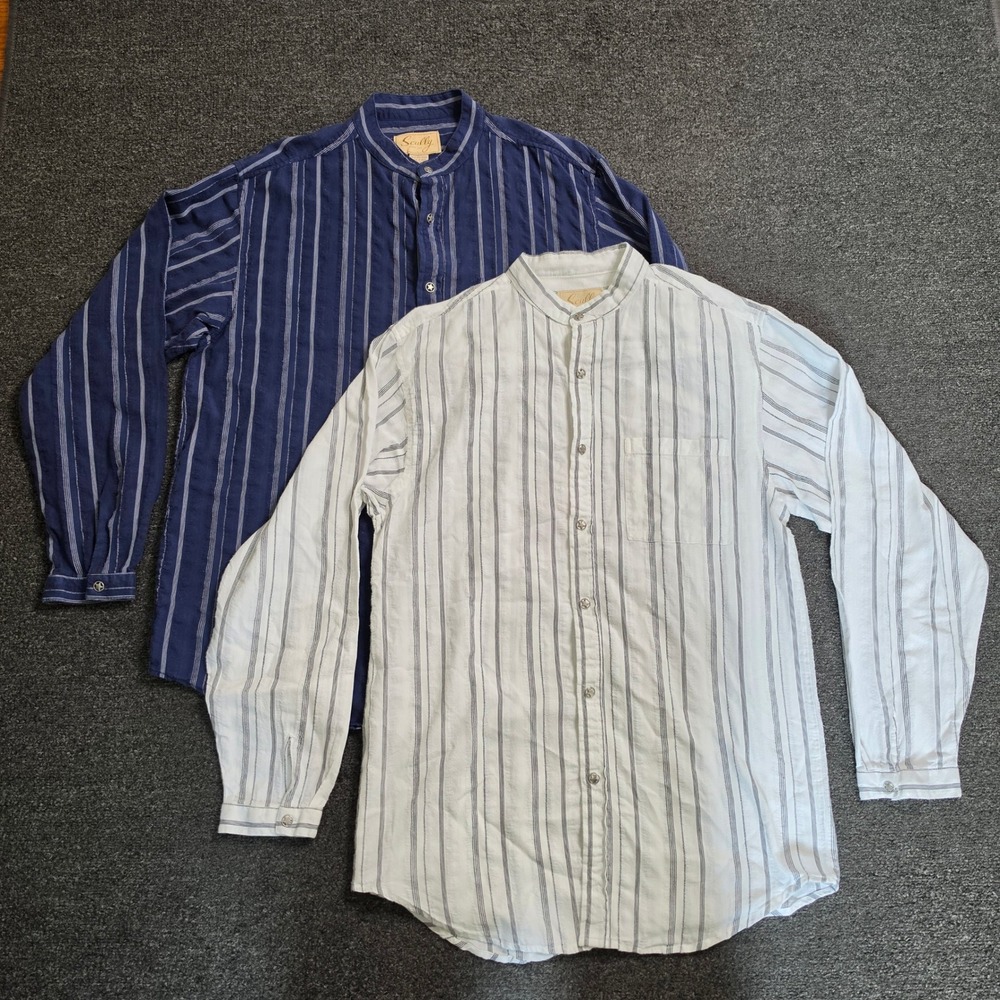 Scully Western Shirts Blue White Mens Medium Striped Band Collar Cotton RW025
